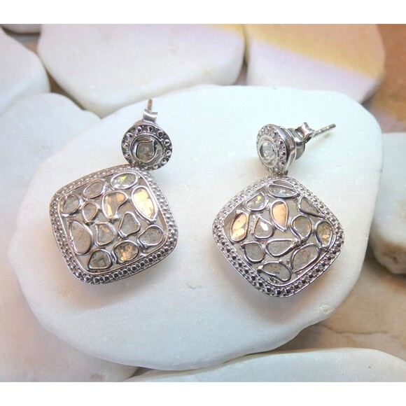 Genuine Rose Cut Diamond Sterling Silver Earrings 1.86CT - Picture 2 of 9